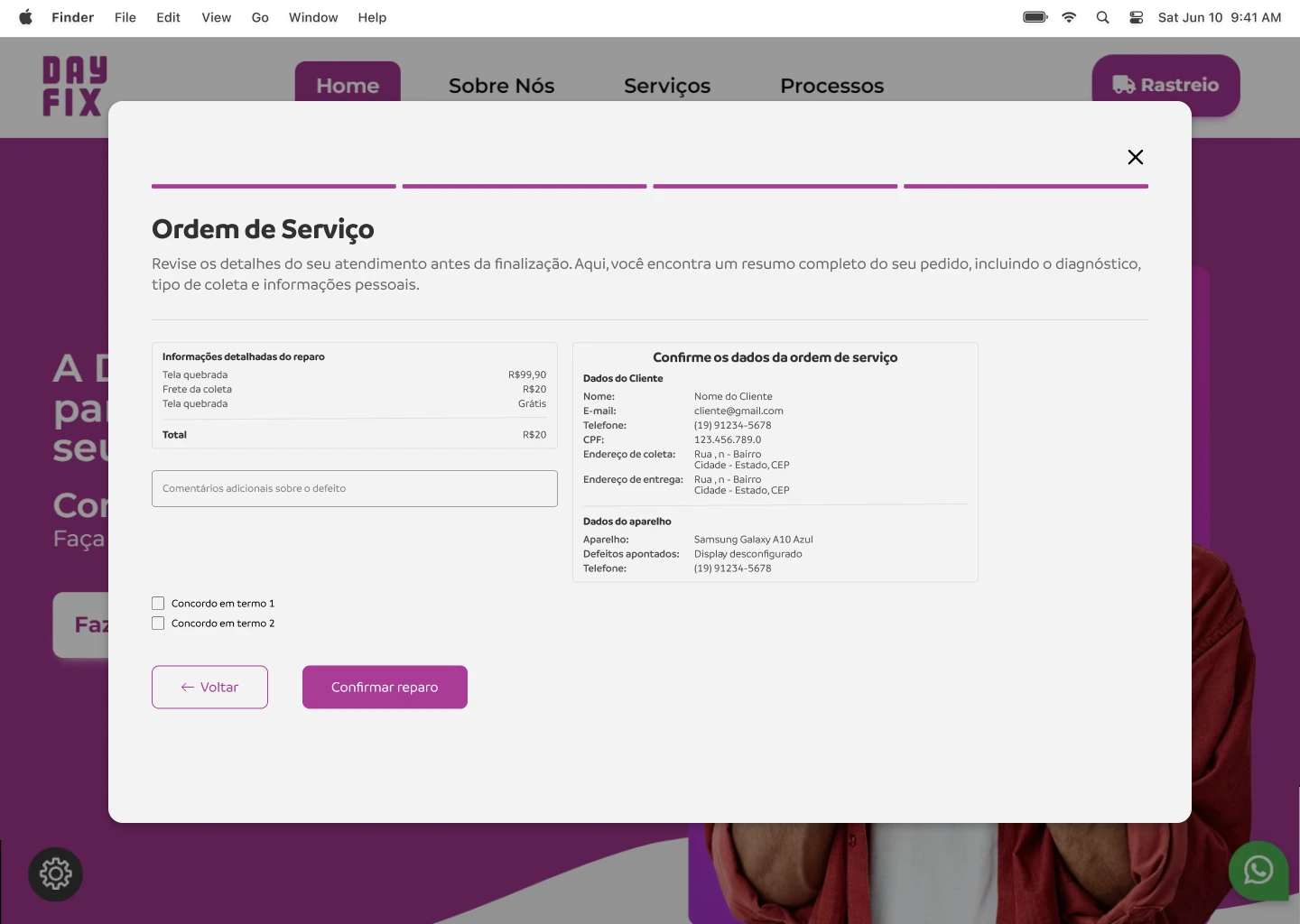 Ordem de serviço da Dayix com os dados do aparelho e o valor do reparo