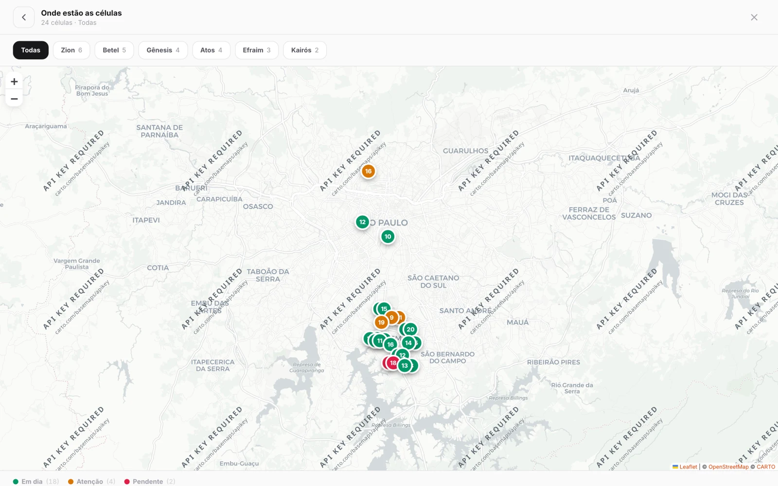 Mapa em tela cheia com as células distribuídas pelo bairro, filtradas por rede
