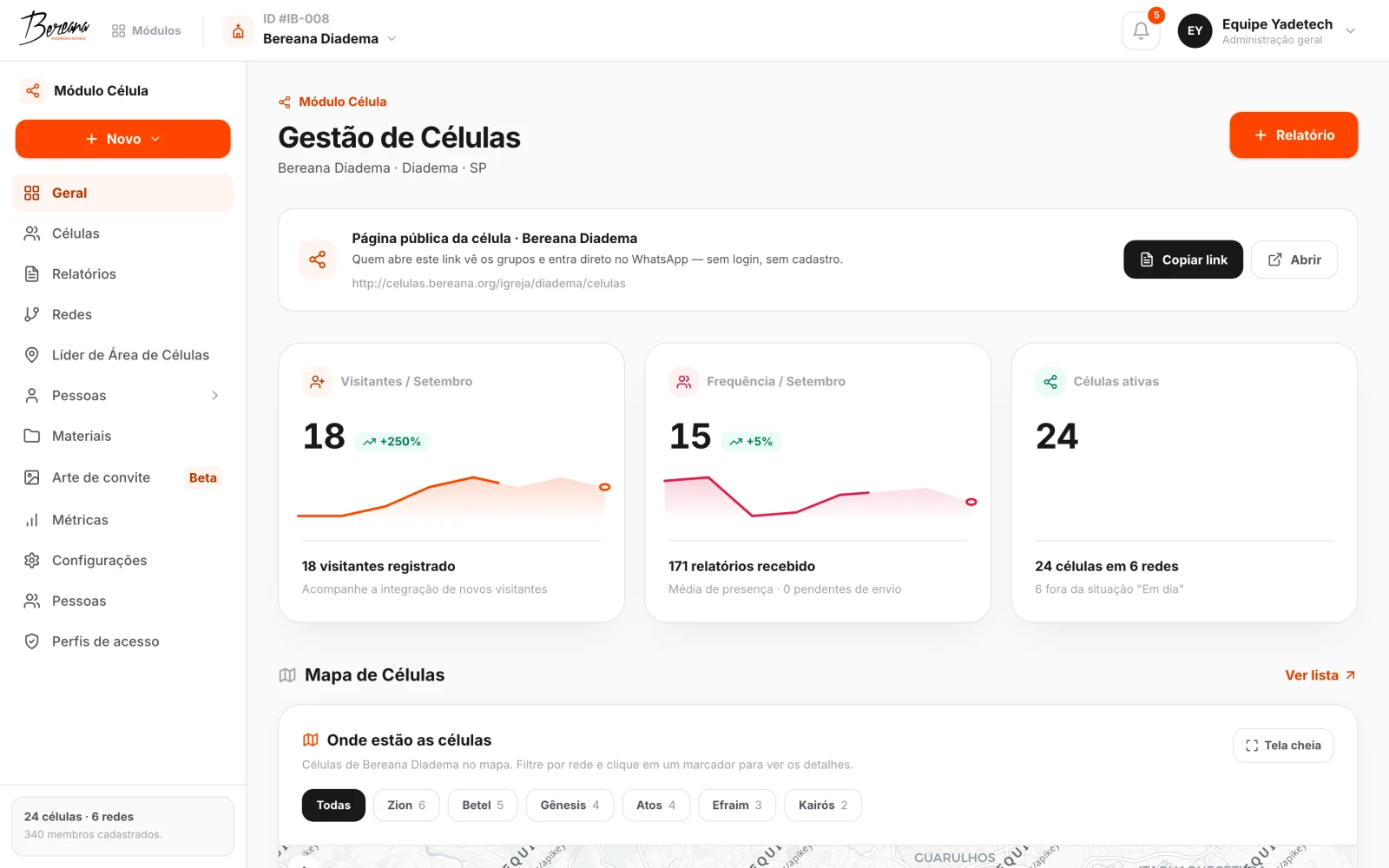 Painel de células com visitantes, frequência, células ativas e o mapa do bairro