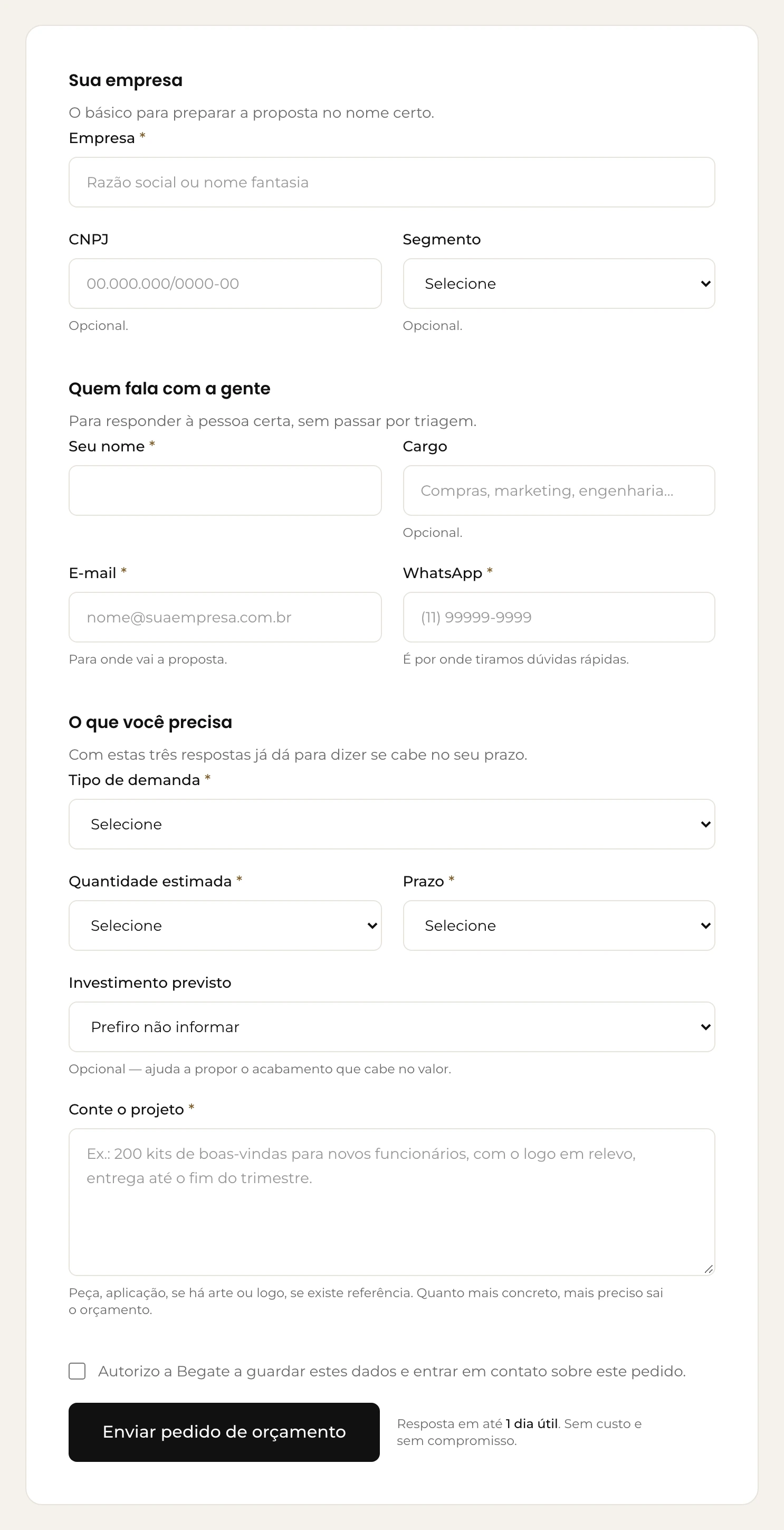Formulário de orçamento para empresas no site da Begate, com os campos de empresa, segmento, demanda, quantidade e prazo