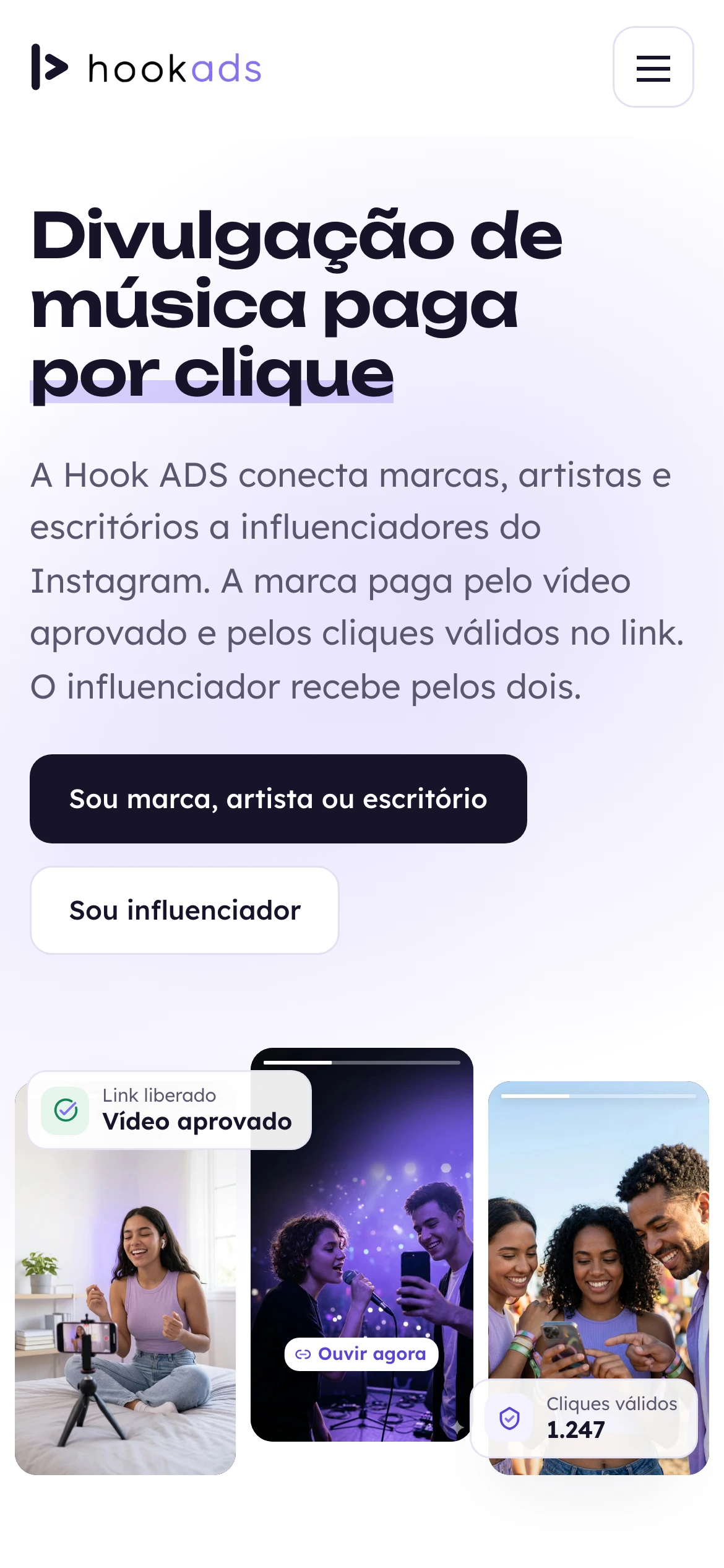O site da Hook ADS na tela de um celular, com a mesma abertura adaptada para a tela estreita