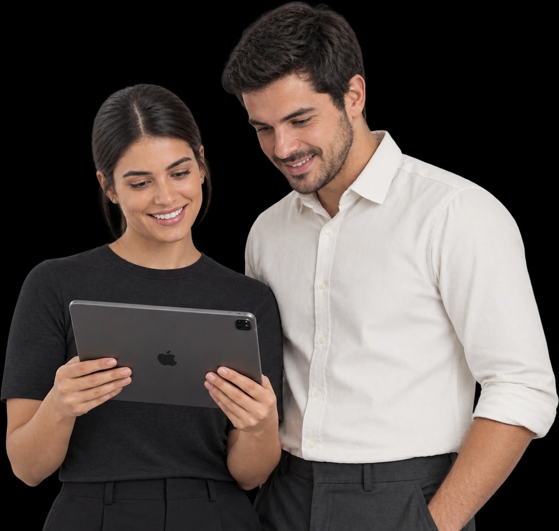 Dupla sorrindo enquanto acompanha a solução da empresa num tablet